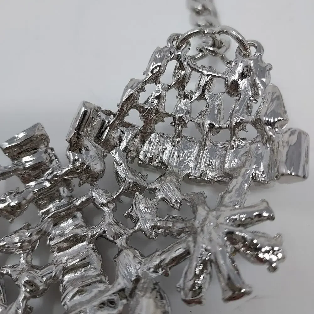 Rhinestone Statement Necklace Floral Large Heavy Bib Collar Silver Tone 3